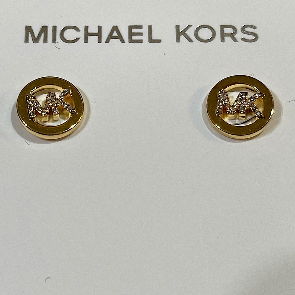 Michael Kors Gold-Tone Plated Brass Pavé Logo Stud Earrings Jewelry